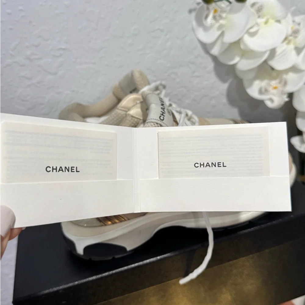 CHANEL Cream White Beige Mesh Logo Sneakers